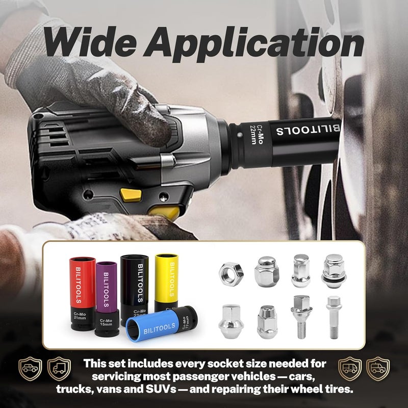 BILITOOLS 1/2 inch Drive Impact Lug Nut Socket Set, 15 17 19 21 22 MM Non-Marring Thin Wall Wheel Protector Nut Socket - Image 3